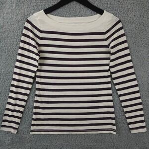 Ann Taylor LOFT Top Womens XS Cream Purple Striped Boat Neck Lightweight Tee